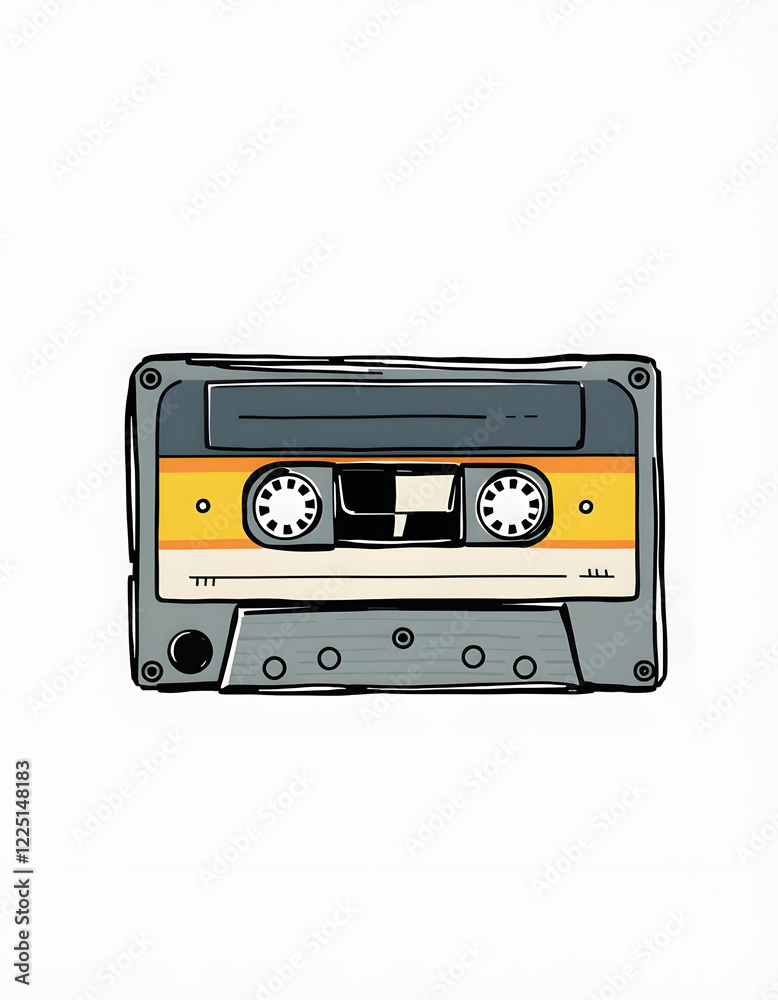 Obraz premium Retro styled image of an old compact cassette, doodle art, with white tones