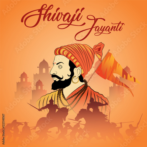 The image showcases the text Shivaji Jayanti alongside a figure in traditional attire likely representing Chhatrapati Shivaji Maharaj The outdoor setting and gathering hint at a celebration
