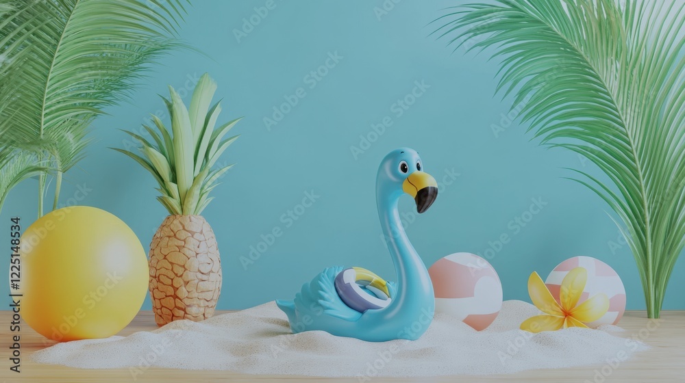 Obraz premium Colorful Summer Scene with a Blue Flamingo Pool Float and Decor
