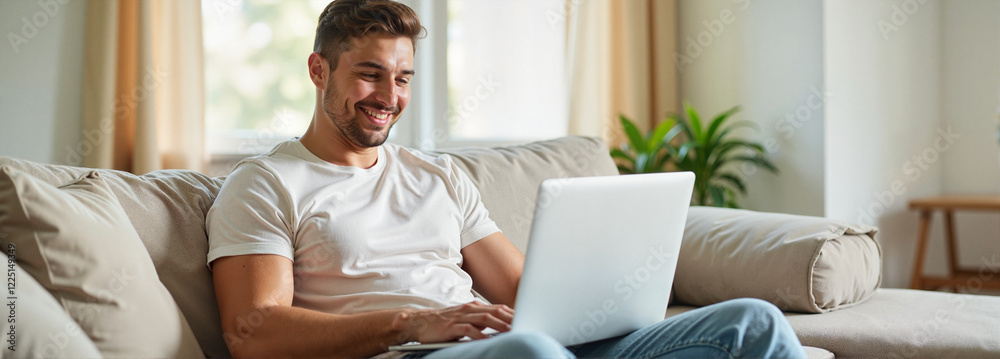 Smiling man using laptop while sitting on couch at home Smiling man using laptop while sitting on couch at home