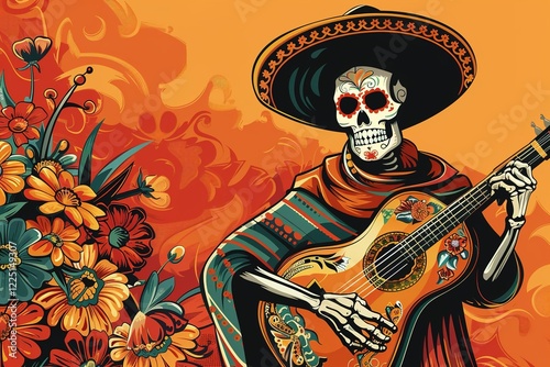 Day of the dead rule of thirds, corner right side placed, and blank banner template without text , on the extreme right third of an image, rule of thirds, corner right side placed,