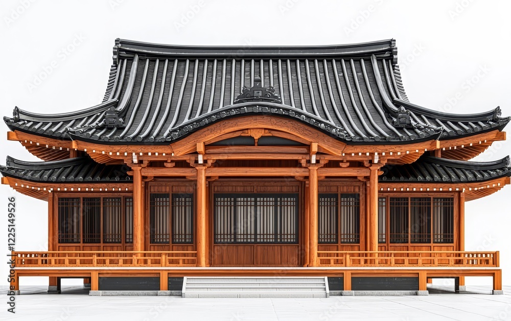 Fototapeta premium Intricate Traditional Japanese Pagoda with Layered Roofs and Wooden Beams Isolated on White Background