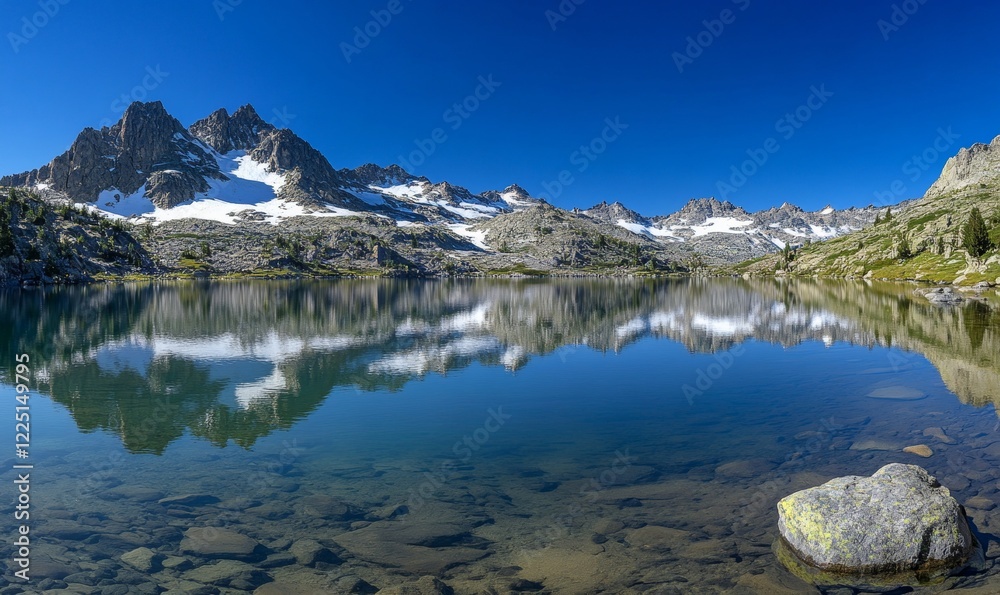 Serene Mountain Lake with Vibrant Greenery Reflecting Rugged Snow-Capped Peaks under Clear Blue Sky, Perfect for Nature, Travel, and Outdoor Adventure Concepts, Generative AI Serene Mountain Lake with Vibrant Greenery Reflecting Rugged Snow-Capped Peaks under Clear Blue Sky, Perfect for Nature, Travel, and Outdoor Adventure Concepts, Generative AI