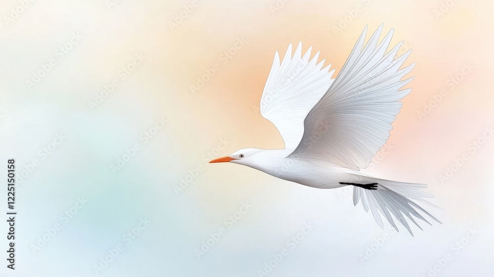 Fototapeta premium Elegant White Bird in Flight Against Soft Pastel Background with Gentle Gradient Colors