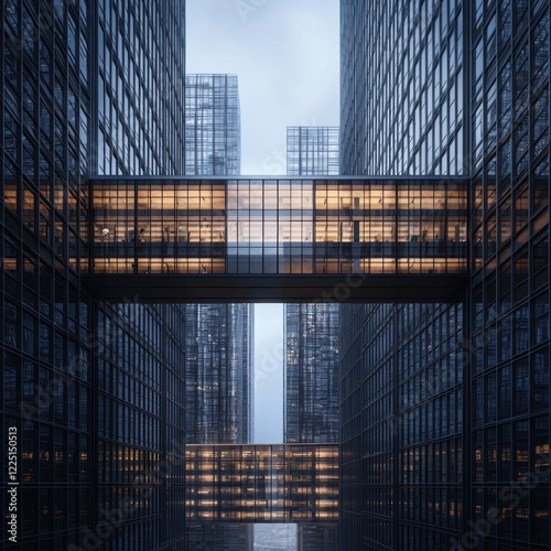Modern glass skybridge connecting two skyscrapers at dusk.