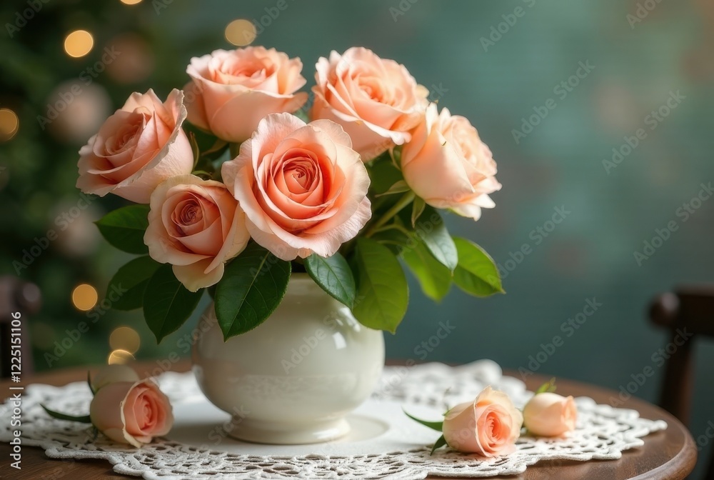 A delicate arrangement of peach roses in a cream vase, elegantly placed on a crocheted doily atop a wooden table, creates a serene and romantic atmosphere. A delicate arrangement of peach roses in a cream vase, elegantly placed on a crocheted doily atop a wooden table, creates a serene and romantic atmosphere.