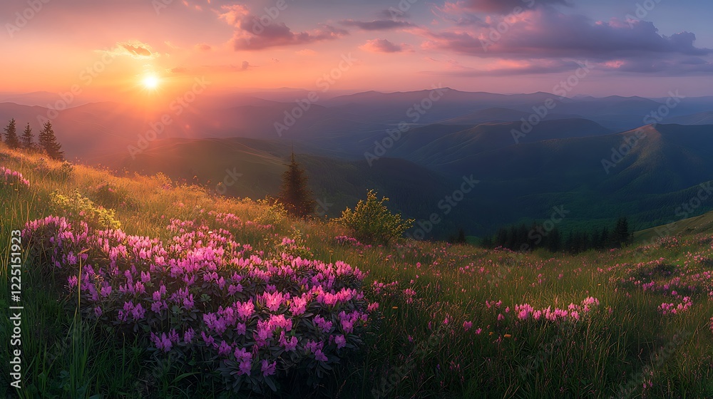 Fototapeta premium Mountain Sunrise with Wildflowers background