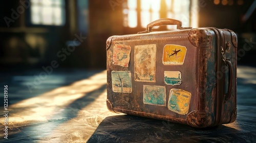 Vintage suitcase with travel stickers on wooden floor. (1)
