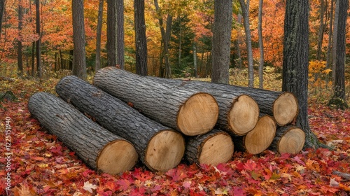 Stacked logs resting in a vibrant autumn forest with a carpet of red and orange leaves underfoot
