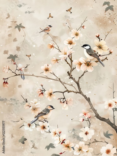 An elegant chinoiserie wallpaper with blooming cherry blossoms, small birds perched on branches, and a tranquil pond in soft pastel tones of cream, beige, gold and grey