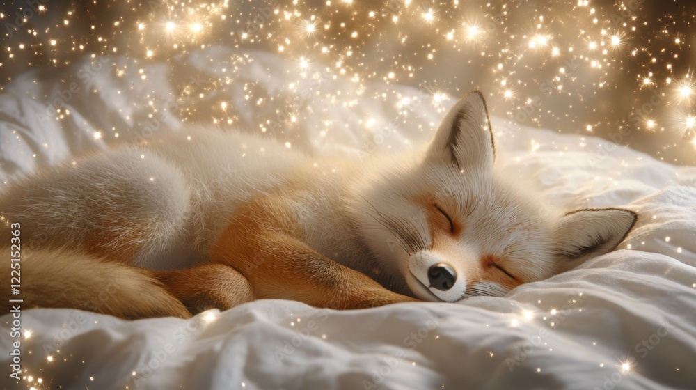 Obraz premium Peaceful fox sleeping amidst magical sparkles on soft white blanket