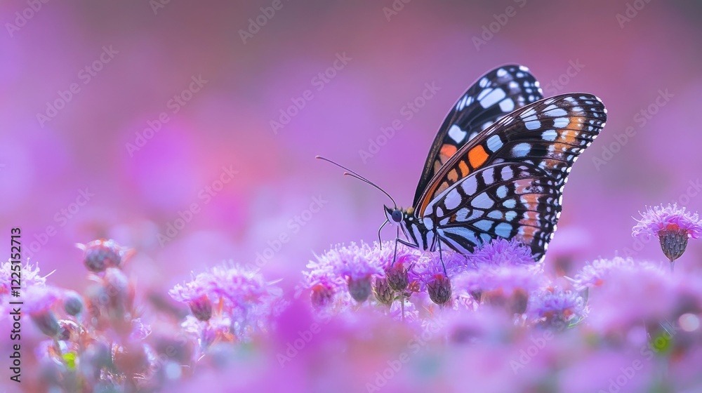 Colorful butterfly resting on vibrant purple flowers in nature Colorful butterfly resting on vibrant purple flowers in nature