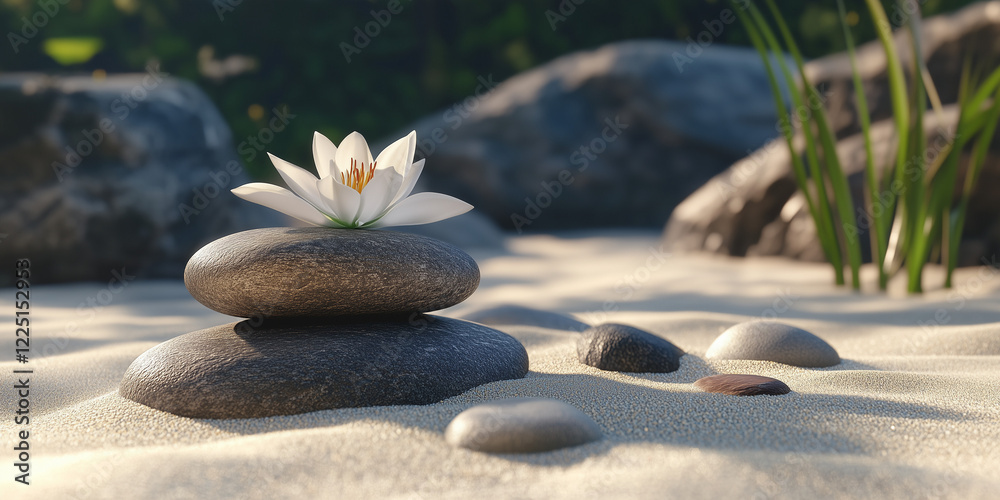 Fototapeta premium Sand, lily flower and stones