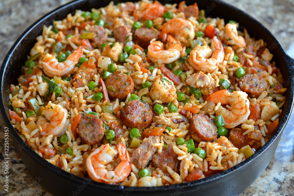 A vibrant pot of shrimp and sausage jambalaya, simmering with colorful vegetables on a kitchen countertop A vibrant pot of shrimp and sausage jambalaya, simmering with colorful vegetables on a kitchen countertop