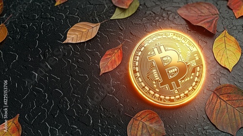 digital assets and ecosystem concept. Golden Bitcoin surrounded by autumn leaves on a textured surface. photo