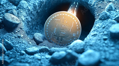 digital assets and ecosystem concept. A glowing coin emerging from a rocky, underwater crevice.