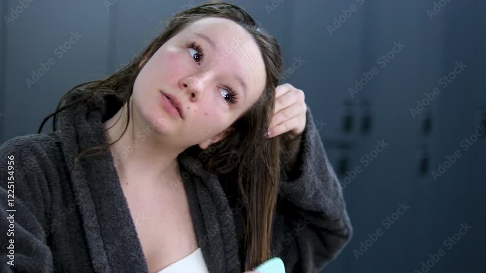 girl in gray robe in spa salon in gym in sauna relaxing spa procedures. woman brushing her wet hair girl in gray robe in spa salon in gym in sauna relaxing spa procedures. woman brushing her wet hair