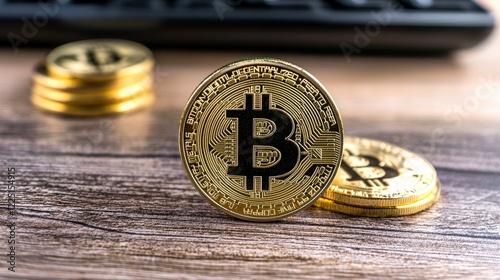 digital assets and ecosystem concept. Bitcoin coin on a wooden surface with additional coins in the background.