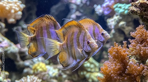Vibrant tropical fish swimming amongst colorful coral reef underwater