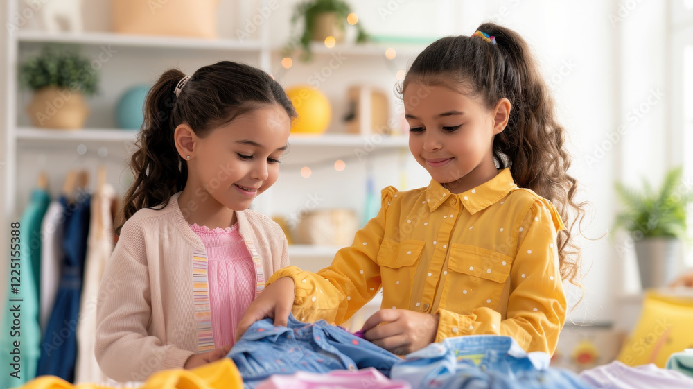 Two young girls happily choosing clothes together in bright room filled with colorful garments and decorations. scene captures moment of sibling bonding and fashion exploration Two young girls happily choosing clothes together in bright room filled with colorful garments and decorations. scene captures moment of sibling bonding and fashion exploration