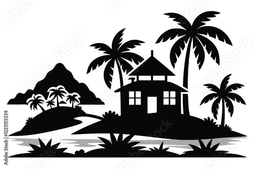 Minimal resort silhouette illustration black and white