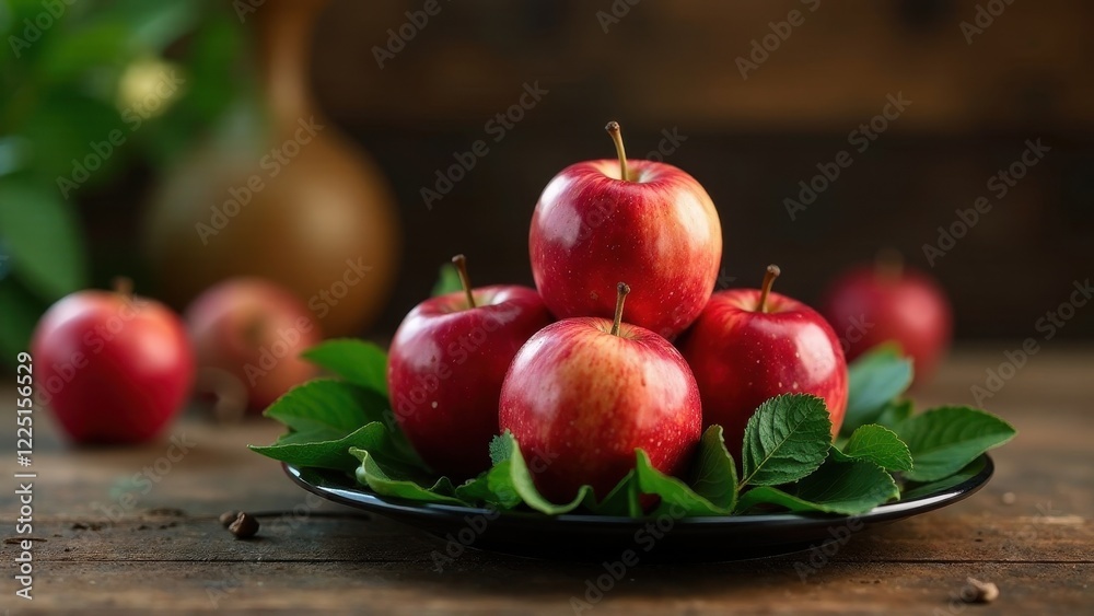 Aromatic, Juicy Red Apples Resting on Dark Plate with Lush Green Leaves Aromatic, Juicy Red Apples Resting on Dark Plate with Lush Green Leaves