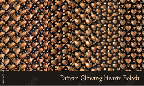 Set of vector patterns golden glowing hearts bokeh on black background