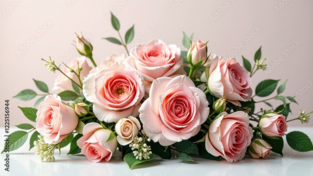 A delicate arrangement of blush pink roses, subtly accented with verdant foliage and tiny white blossoms, creating a romantic and elegant floral display. A delicate arrangement of blush pink roses, subtly accented with verdant foliage and tiny white blossoms, creating a romantic and elegant floral display.