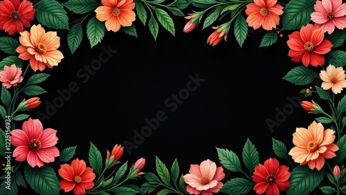 A Vibrant Floral Frame with Delicate Blooms and Lush Green Foliage, Perfect for Elegant Designs and Creative Projects