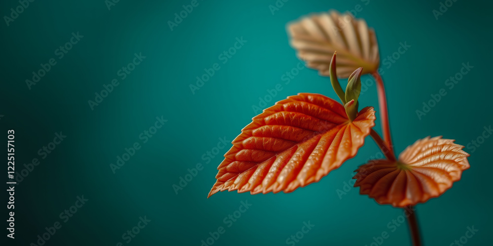 Obraz premium A leaf with a stem is shown in a green background. The leaf is orange and has a shiny appearance