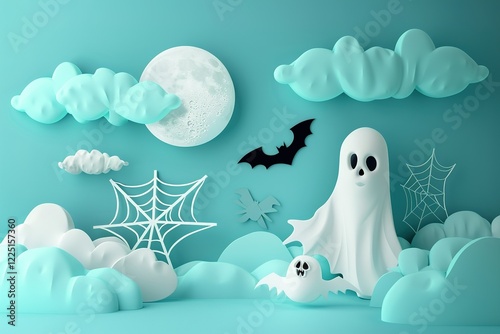 Halloween festival without text on 3d soft render style A banner with a paper cut-style ghost, bat, and spider web, with a full moon and clouds in the background