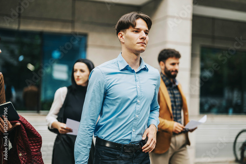 A group of business professionals confidently walking outdoors, engaged in a focused discussion about upcoming projects and strategies. They exude teamwork and professionalism in an urban setting.