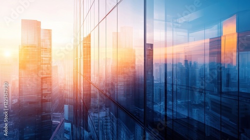 Cityscape reflected in modern building glass at sunset.