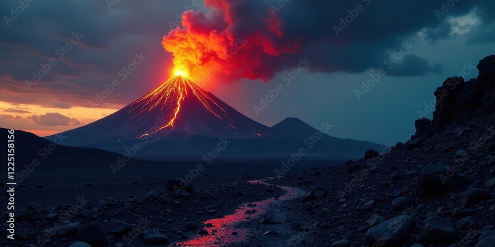 A fiery volcanic eruption at twilight, illuminating the dark landscape with glowing lava streams and a dramatic sky A fiery volcanic eruption at twilight, illuminating the dark landscape with glowing lava streams and a dramatic sky