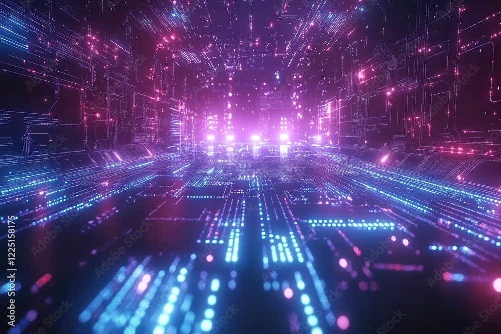 Neon glowing circuit board path. Ideal for tech, AI, and futuristic concepts. Neon glowing circuit board path. Ideal for tech, AI, and futuristic concepts.