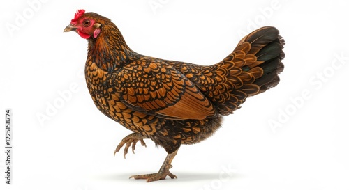 Golden Laced Wyandotte Hen Walking Isolated on White Background