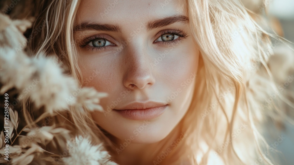 Close-up portrait of a beautiful young woman with long blonde hair and striking blue eyes, surrounded by soft, neutral-toned flowers in natural light. Close-up portrait of a beautiful young woman with long blonde hair and striking blue eyes, surrounded by soft, neutral-toned flowers in natural light.