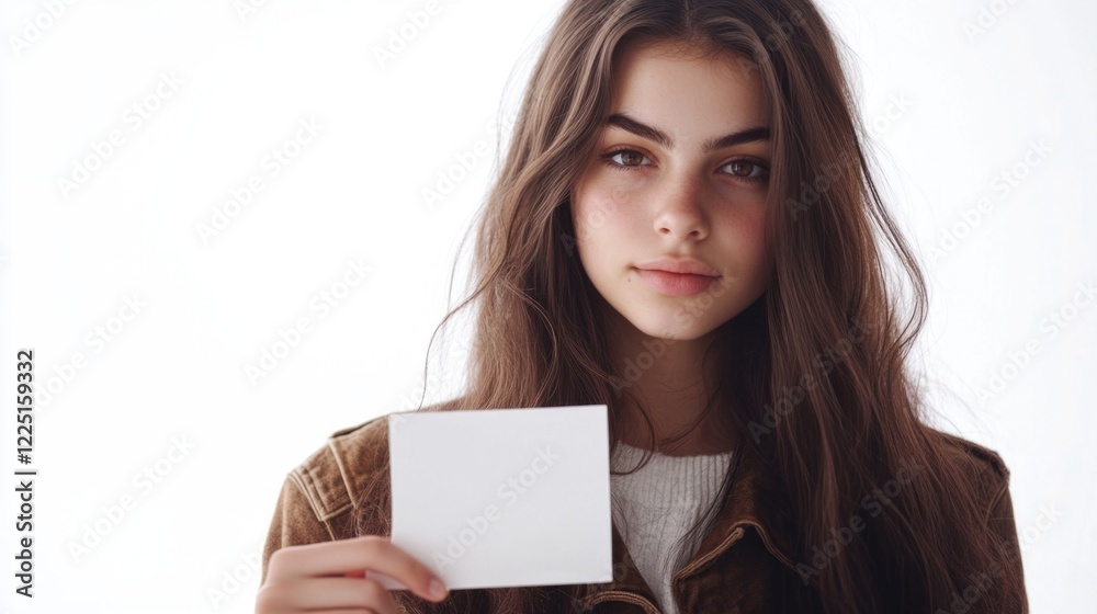 Portrait of a young woman with long brown hair holding a blank white card in front of a bright white background showcasing beauty and simplicity Portrait of a young woman with long brown hair holding a blank white card in front of a bright white background showcasing beauty and simplicity