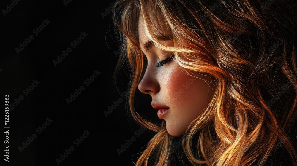 Fototapeta premium Profile portrait of a beautiful young woman with wavy blonde hair against a dramatic black background showcasing soft facial features and serene expression.