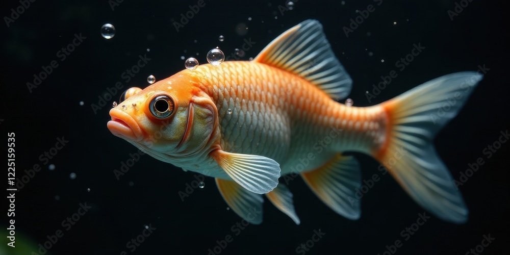 Fototapeta premium An orange and white fish swims gracefully in dark water, air bubbles gently rising around it, highlighting its vibrant scales and elegant fins.