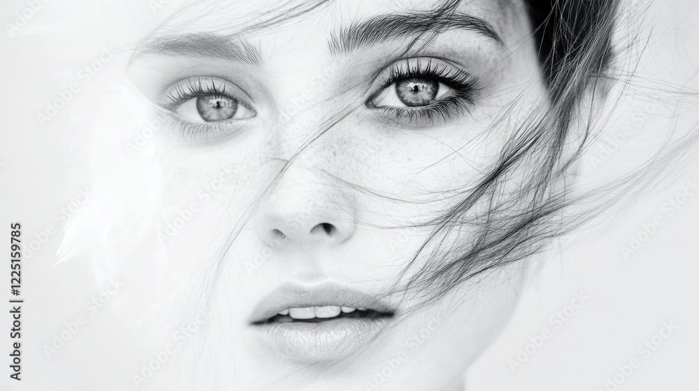 Fototapeta premium Captivating close-up portrait of a young woman with striking eyes and flowing hair against a soft white background, showcasing natural beauty and elegance.