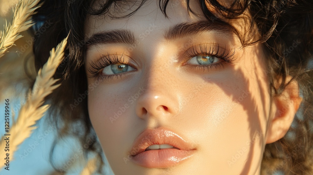 Fototapeta premium Close-up portrait of a beautiful young woman with focused green eyes, well-defined eyebrows, and luscious eyelashes, natural sunlight emphasizing smooth skin and soft curls surrounded by golden grass.