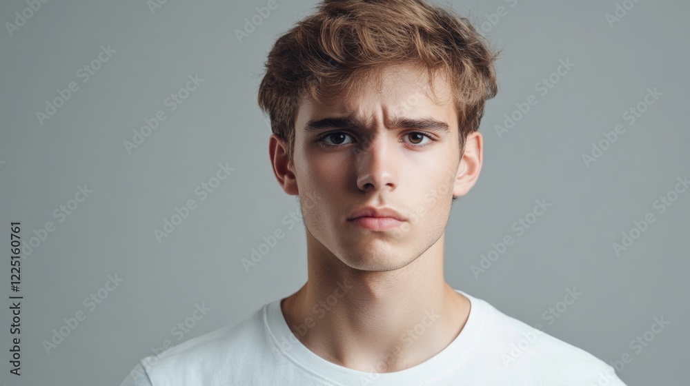 Thoughtful young man with tousled blonde hair wearing a white shirt against a gray background, capturing a serious and introspective mood in a studio setting. Thoughtful young man with tousled blonde hair wearing a white shirt against a gray background, capturing a serious and introspective mood in a studio setting.