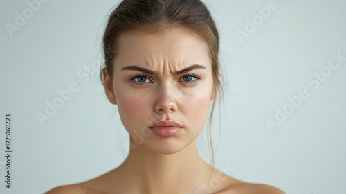 Serious expression of a beautiful young woman with fair skin and blue eyes, shirtless against a soft white background, conveying emotions of contemplation.