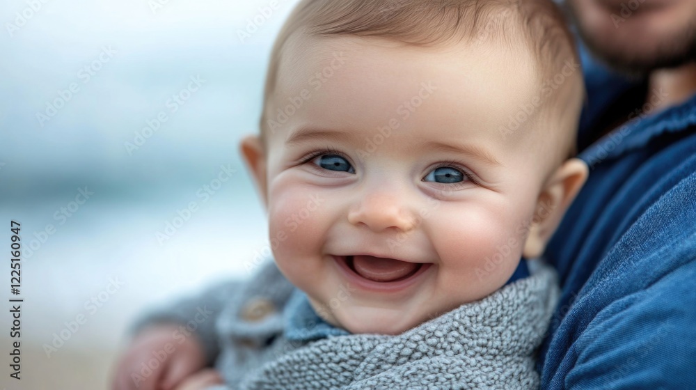 Smiling infant boy in cozy gray sweater held by father at serene beach setting with soft blue ocean backdrop and gentle waves Smiling infant boy in cozy gray sweater held by father at serene beach setting with soft blue ocean backdrop and gentle waves