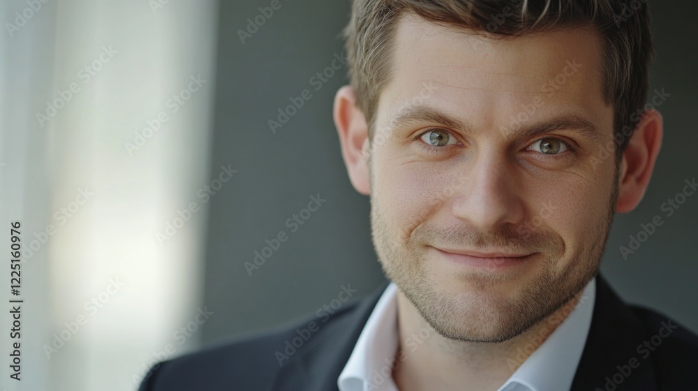 Smiling Caucasian businessman with short brown hair in a suit looking confidently at the camera with warm natural lighting indoors Smiling Caucasian businessman with short brown hair in a suit looking confidently at the camera with warm natural lighting indoors