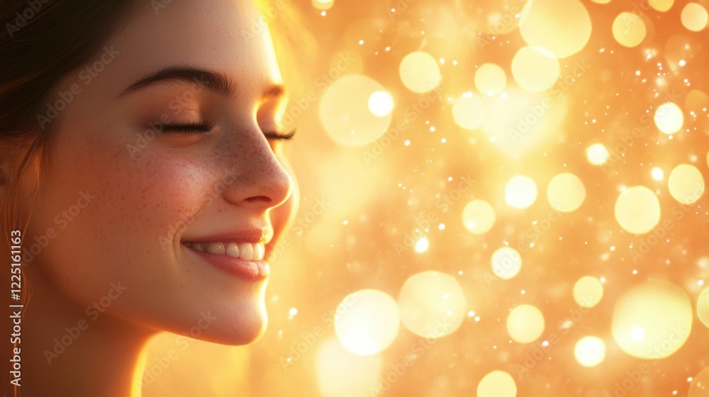 Smiling young woman with smooth skin and freckles, profile view against a warm golden bokeh background creating a dreamy and serene atmosphere. Smiling young woman with smooth skin and freckles, profile view against a warm golden bokeh background creating a dreamy and serene atmosphere.