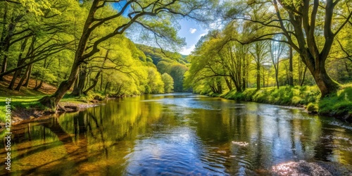 Sunny river water flowing through trees in River Dart Country Park, trees, forest