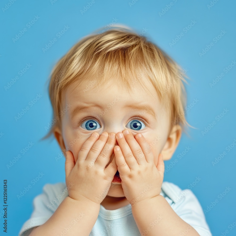Surprised adorable baby boy with blonde hair covering his face in playful hide-and-seek pose against soft blue background, promoting children's products Surprised adorable baby boy with blonde hair covering his face in playful hide-and-seek pose against soft blue background, promoting children's products
