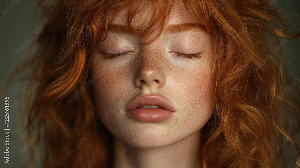 Naklejka premium Redhead woman with freckles showcasing serene expression and closed eyes, soft curly auburn hair, neutral background emphasizing calmness and beauty.